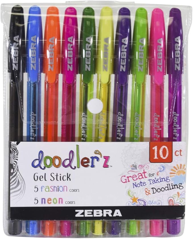 Zebra Pen, doodler’z Gel Stick Pens, 1.0mm Needle-Point Tip, Fashion and Neon Gel Ink, Vibrant Assorted Colors, Water-Based Ink, Journaling and School Pens, 10 Count Pack (41810)