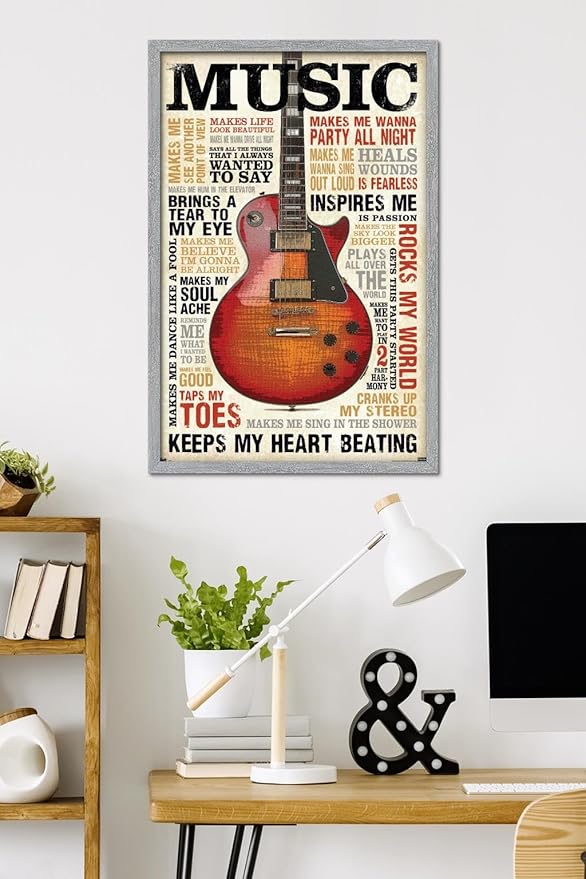 Music Inspires Me Wall Poster, 34L" x 22.4W", Gray Framed Version