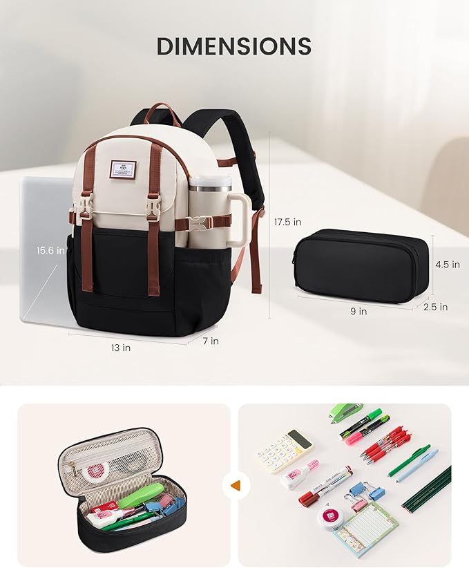 LOVEVOOK School Backpack for Teen Girls, Waterproof Travel College Bookbag for Middle High School with Large Cup Holder & Pencil Case, Fits 15.6'' Laptop, Cute Aesthetic Kids Student Backpack