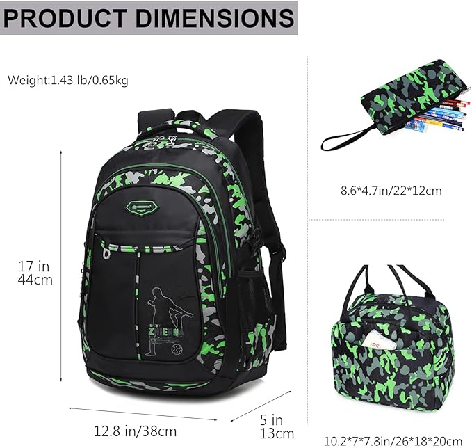 goldwheat School Backpack for Boys Cool Camouflage Bookbags with Lunch Box Pencil Case 3pcs for Middle School, Green