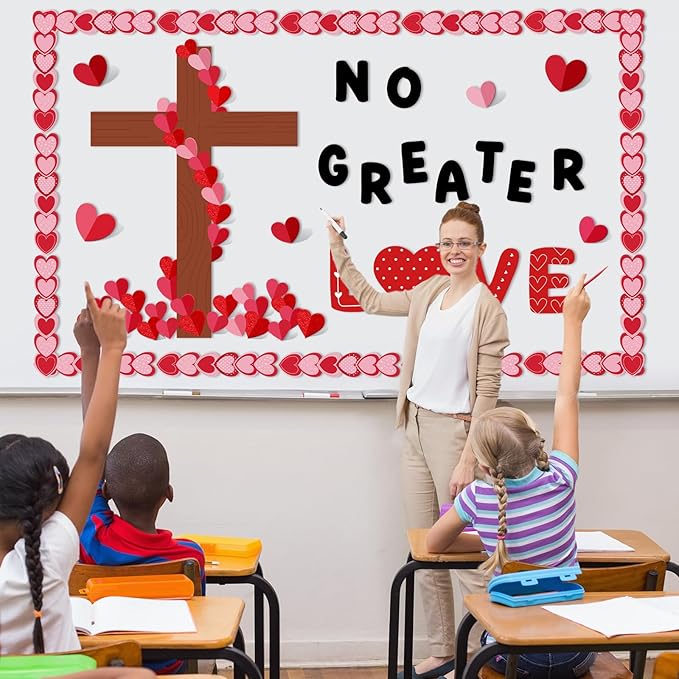 Valentine's Day Bulletin Board Decoration 3D Valentines Red Pink Heart Classroom Decorations Heart Religious Cross Cutouts Christian Bulletin Board for School Home Office Wall Door Decor Supplies