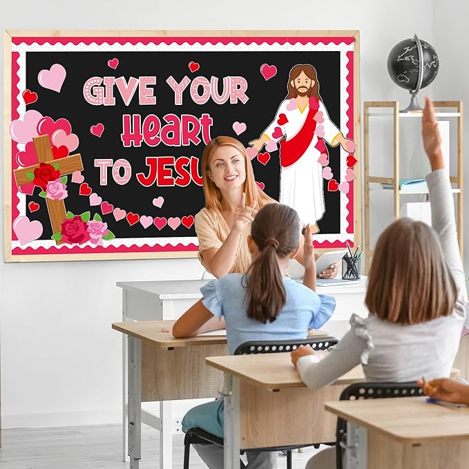 Valentine's Day Jesus Bulletin Board Set Valentines Religious Christian Classroom Decorations Give Your Heart to Jesus Love Heart Rose Cross Paper Cutouts for Sunday School Home Chalkboard Wall Decor