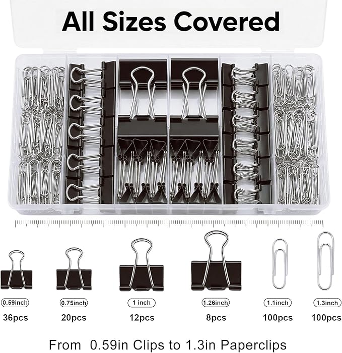 276Pcs Paper Clips and Binder Clips Assorted Sizes，Black Binder Paper Clips Office Clips Office Supplies, Large Medium Small Paper Clamps PaperClips for Home School Business in a Container (Black)