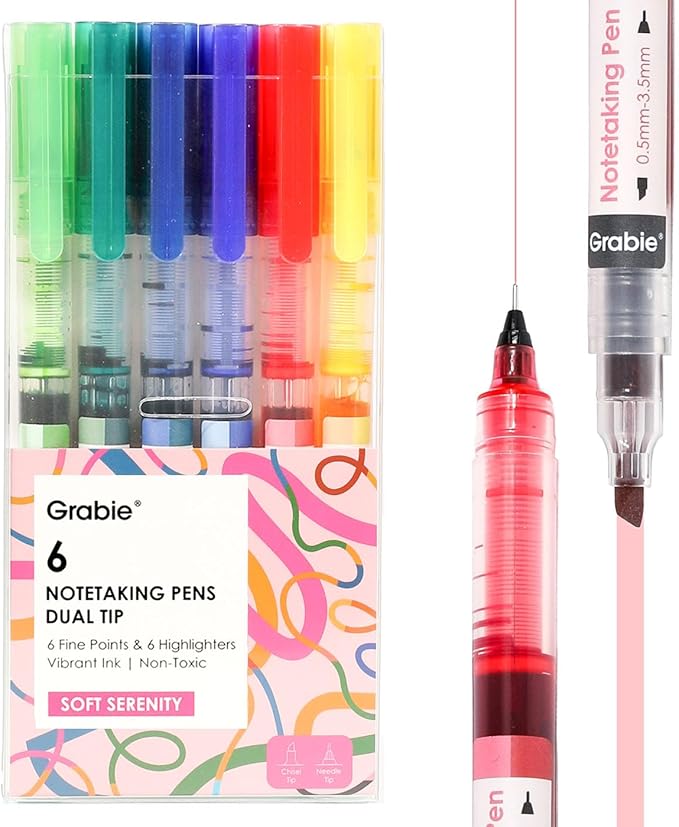 Grabie Dual Tip Notetaking Pens (3.5mm Chisel + 0.5mm Needle) Dual Tip Highlighter Markers for Journaling Colored Pens for Note Taking and Adult Coloring Books (Soft Serenity)