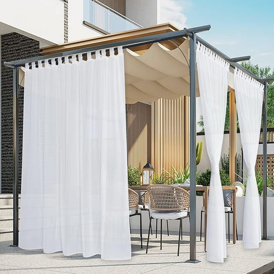 NICETOWN 2 Panels White Sheer Outdoor Curtains for Patio Waterproof, Self Sticky Tab Top Sheer Voile Panels Airy & Breathable Drapes with Light Filtering for Porch/Pool, W100 x L120