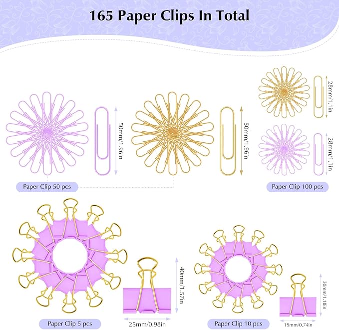 Cute Paper Clips Binder Clips Combo Set, 165 Psc, Assorted Size Paper Clips for Office, Cute Office Supplies Set, Purple