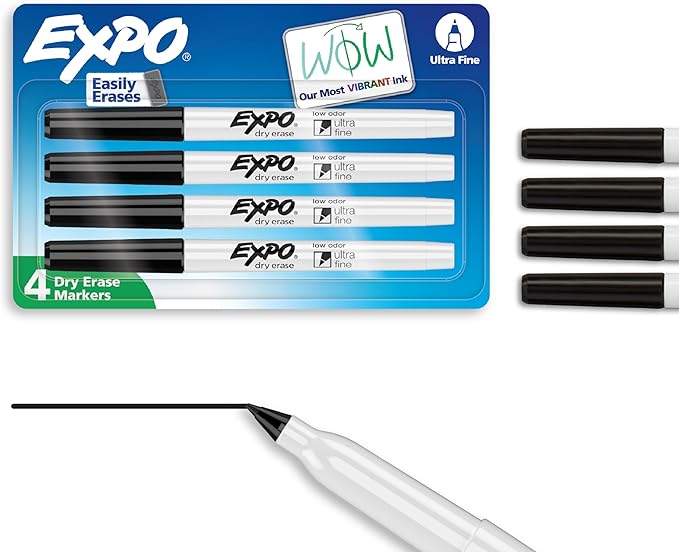 Expo Low-Odor Dry Erase Markers, Ultra-Fine Tip, Black, 4 Count