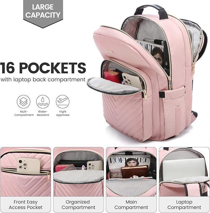 LOVEVOOK Laptop Backpack for Women 17.3 inch,Cute Womens Travel Backpack Purse,Professional Laptop Computer Bag,Waterproof Work Business College Teacher Bags Carry on Backpack with USB Port,Pink