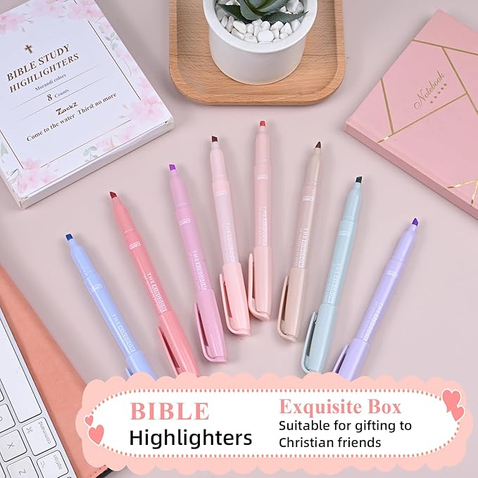 7-ackz Pastel Bible Highlighter Markers 8 Pack, Thin Bible with slight bleeding, Assorted Colors Dry Quickly for Study Journaling, Textbook Motivational Gift for Christians, Friends