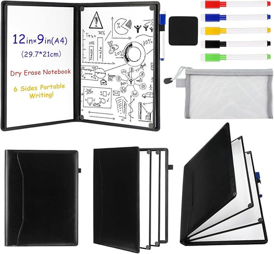 6 Sides Dry Erase Whiteboards Notebook Portable 12"x9"(a4) Small Reusable Whiteboard Notebook Foldable Anti-ghosting Surface, Travel White Board for Office Study Meeting Planning