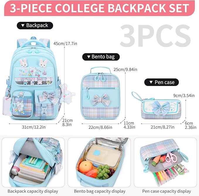 Girls Backpack 3pcs School Backpack with Lunch Box Teen Girl Backpack Set Cute Kids School Bag Bookbag for Teen Girls
