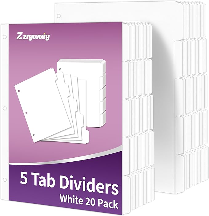 Binder Dividers with Tabs for 3 Ring Binder, 8.5 x 11 Paper Binder Dividers with Tabs 5 Tab Dividers for 3 Ring Binder, 20 Sets Page Dividers for School, Office and Home, 100 Dividers