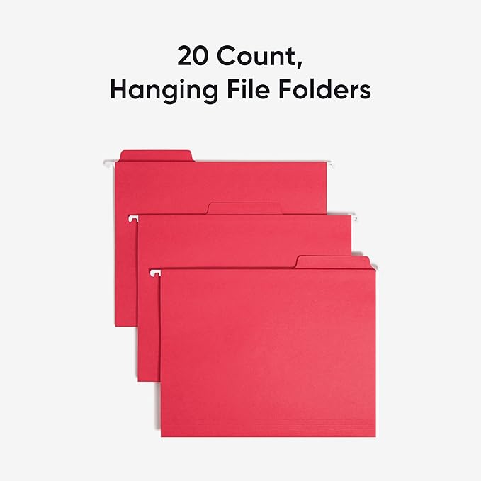 Smead FasTab Hanging File Folder, 1/3-Cut Built-in Tab, Letter Size, Red, 20 Count (64096)