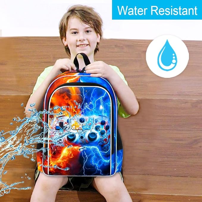 gxtvo 3PCS Kids Game Bookbag, 17" Boys Backpack with Lunch Box, Water Resistant Middle Elementary School Bag - Fire & Lightning Game