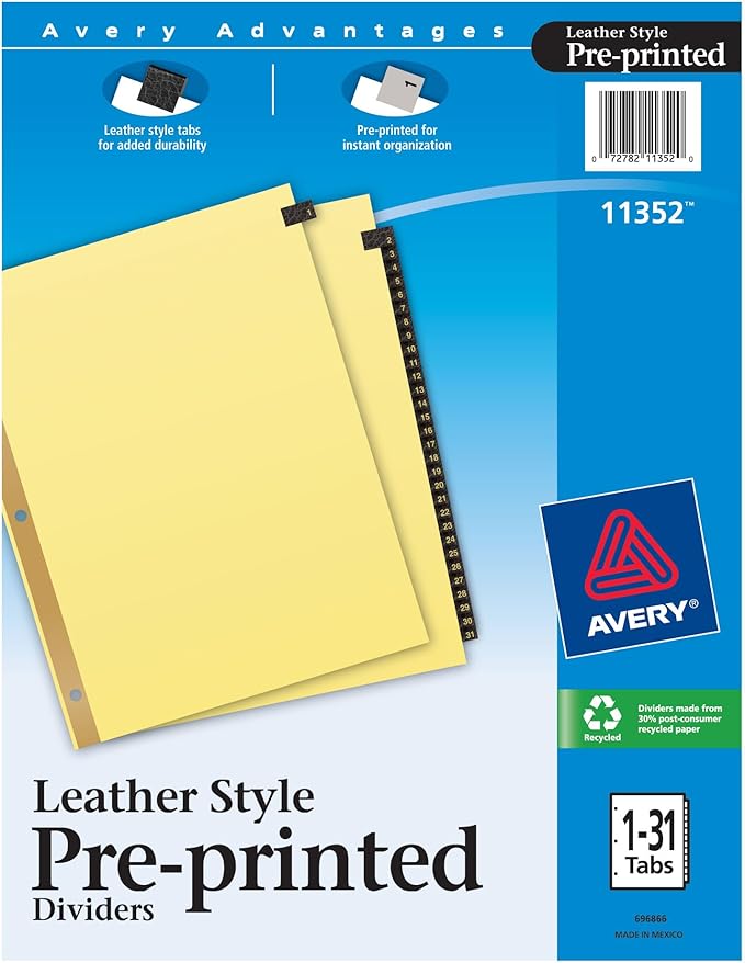 Avery Gold Reinforced Leather Tab Dividers, 31-Tab, 1-31, Letter Size, Black, 31 per Set (11352) (Pack of 12)