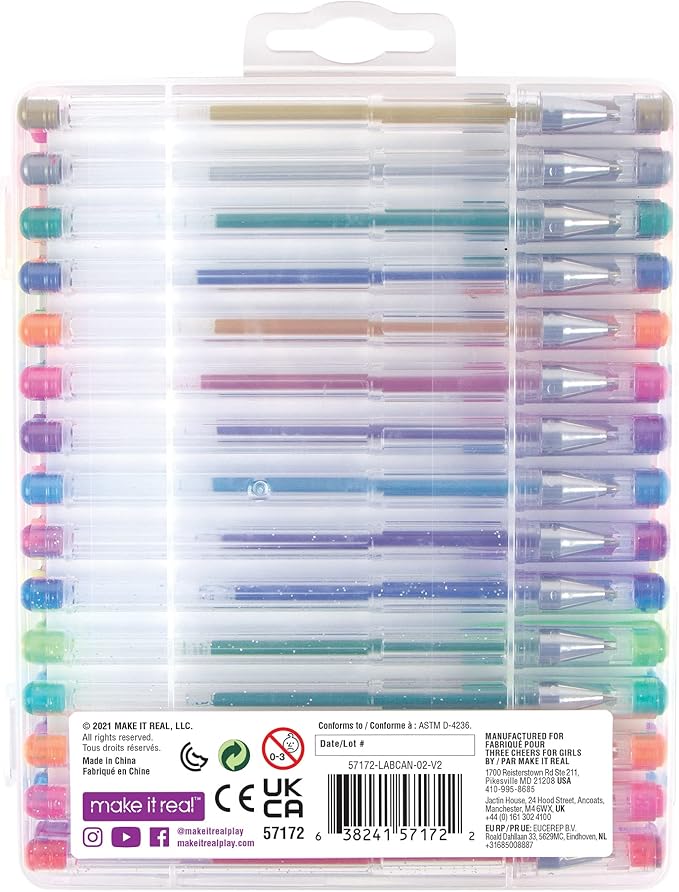 Three Cheers for Girls by Make It Real - 30 Piece Gel Pen Set - Colored Gel Pens with Metallic, Pastel, Neon, Rainbow & Glitter - Cute Pens for Drawing, Coloring or Journaling - Includes 100+ Stickers