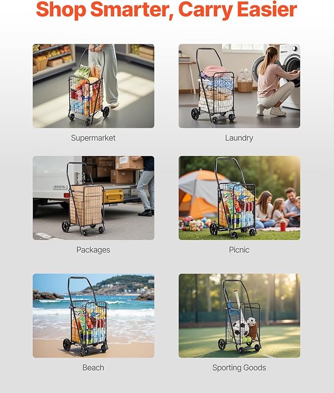 VEVOR Shopping Cart, Folding Grocery Utility Cart with Swivel Wheels, 90 LBS Large Load Capacity, Heavy Duty Rolling Laundry Basket Butler for Laundry, Shopping, Camping, Grocery, Luggage, Black
