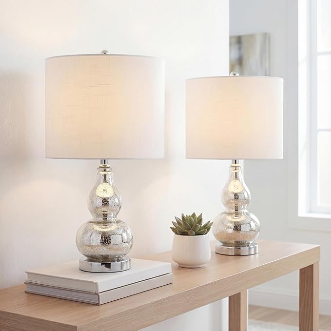 JONATHAN Y 20.5" Mercury Silver Glass Table Lamp, Modern Gourd Bedside Nightstand Lamp for Bedroom, Living Room, White Linen Shade, LED Bulb Included (JYL1028C-SET2)