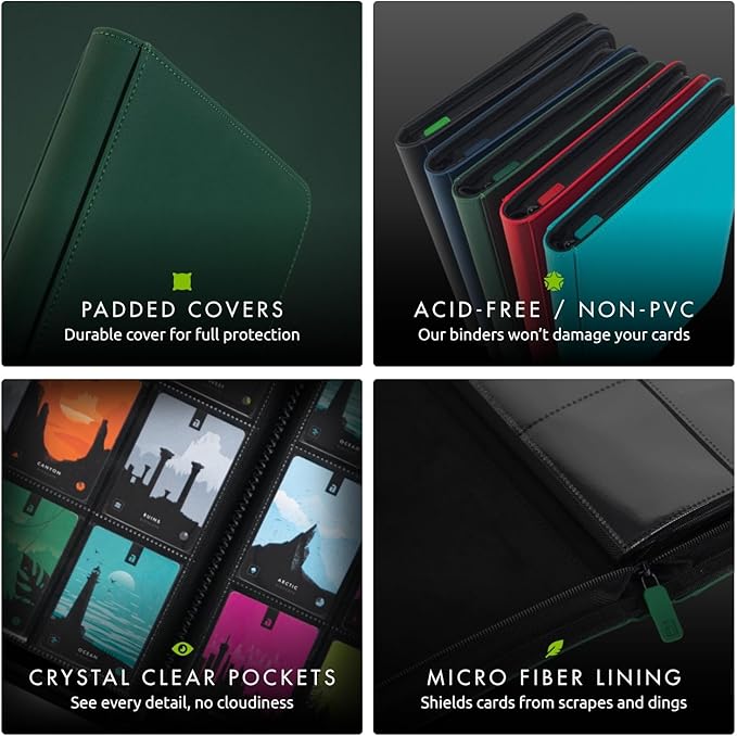 Vault X 4 Pocket Trading Card Zip Binder, 160 cards, Premium Exo-Tec Album Material, 20 Side-Loading Pages, Folder for Collectible Card Games, Sports, TCG (Green)