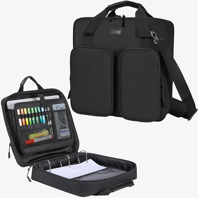 4 Inch 3 Ring Zipper Binder with Shoulder Strap & Handle & Multi-Pocket - 4" Binder with Zipper for School, Compatible with 13-Inch MacBook/Tablet -Patent Design Black