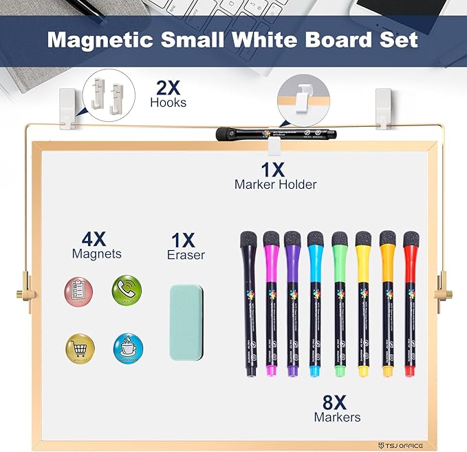 TSJ OFFICE Small White Board - 12 X 16 Inches Small Magnetic Dry Erase Board with Hooks for Wall, Desktop Whiteboard Stand 360 Degrees Revolving Double Sided for Office, Home, School, Gold
