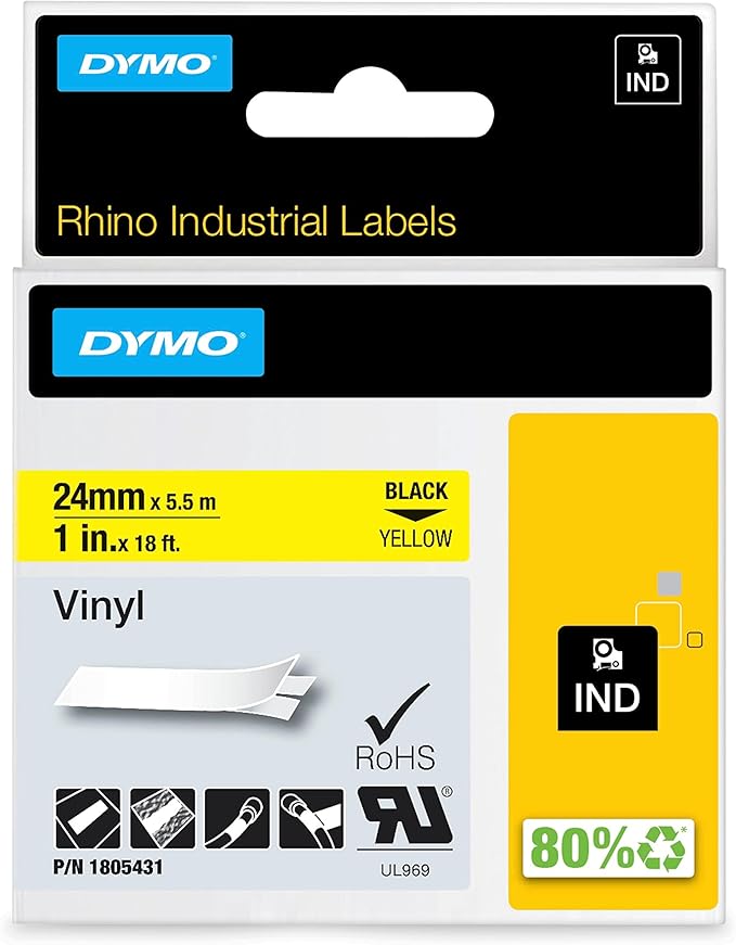 DYMO Rhino Industrial Vinyl Labels, 24 mm x 5.5 m, Black Print on Yellow, Self-Adhesive, for DYMO LabelManager & Rhino Label Makers