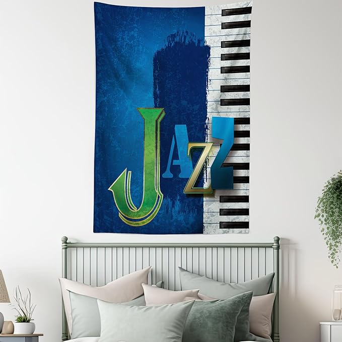 Ambesonne Jazz Music Tapestry, Abstract Cracked Background Piano Keys Themed Print Rhytym Image, Fabric Wall Hanging Decor for Bedroom Living Room Dorm, 30" X 45", Navy Green White