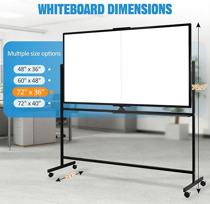 Large Rolling Whiteboard with Stand, 72" x 36" Double-Sided Mobile White Board Dry Erase, Giant Magnetic Dry Erase Board on Wheels for Office, Home & School,Black Frame