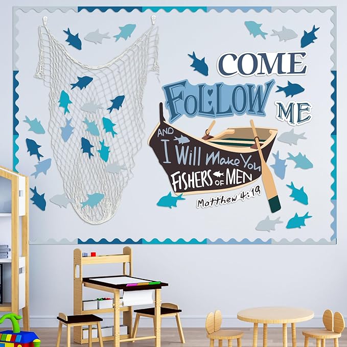 76 Pcs Fishers of Men Bulletin Board Decorations Set Religious Classroom Bulletin Board Fish Cutouts Christian Jesus Chalkboard Decorations for Sunday School Wall Decor Supplies