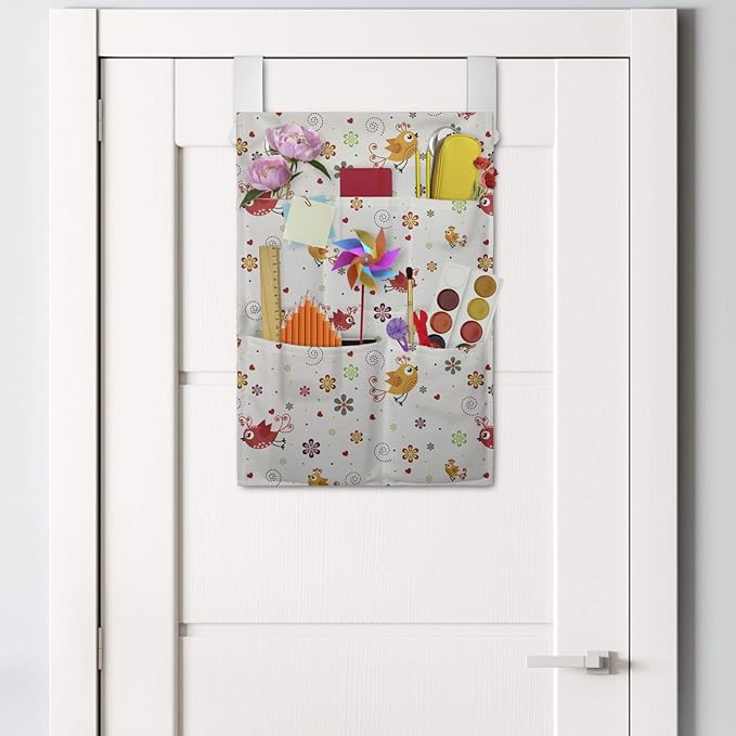 Ambesonne Cartoon Hanging Pocket Organizer, Birds Swirls Flowers and Mini Hearts Nature Inspired Drawing Style Happy Animals, Printed Polyester Storage Bag with Pockets, 14" x 20", Multicolor