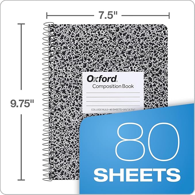 Oxford Spiral Composition Notebooks, 4 Pack, Wide Ruled Paper, 9-3/4 x 7-1/2 Inches, 80 Sheets, Black Marble Cover (64950)
