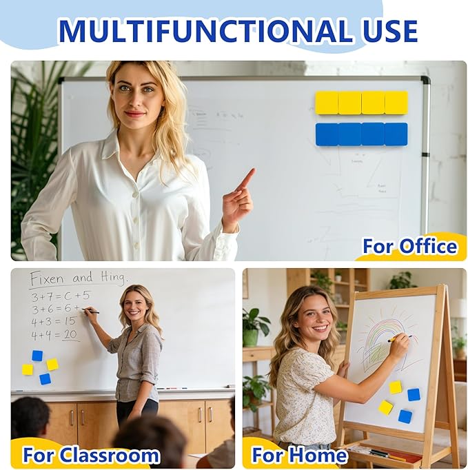 MAQIHAN Mini Dry Erase Erasers - 8Pack Magnetic Whiteboard Eraser for White Board, Chalkboard, Refrigerator, 2x2 Reusable Dry Erase Cleanser for Classroom,Office,Home, Blue & Yellow Teacher Supplies