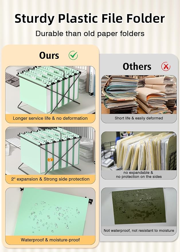 Extra Capacity Plastic Hanging File Folders,12 Pack Reinforced Hang Folder,Heavy Duty 2 Inch Expansion,Filing Cabinet Folders Letter Size for Bulk Files/Medical Charts(Sage Green)