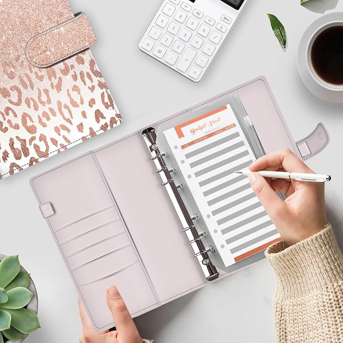 Budget Binder, Cute A6 Money Saving Binder with Zipper Envelopes, PU Leather Money Organizer for Cash, Expense Budget Sheets and Cash Envelopes for Budgeting Luxury Glitter Leopard