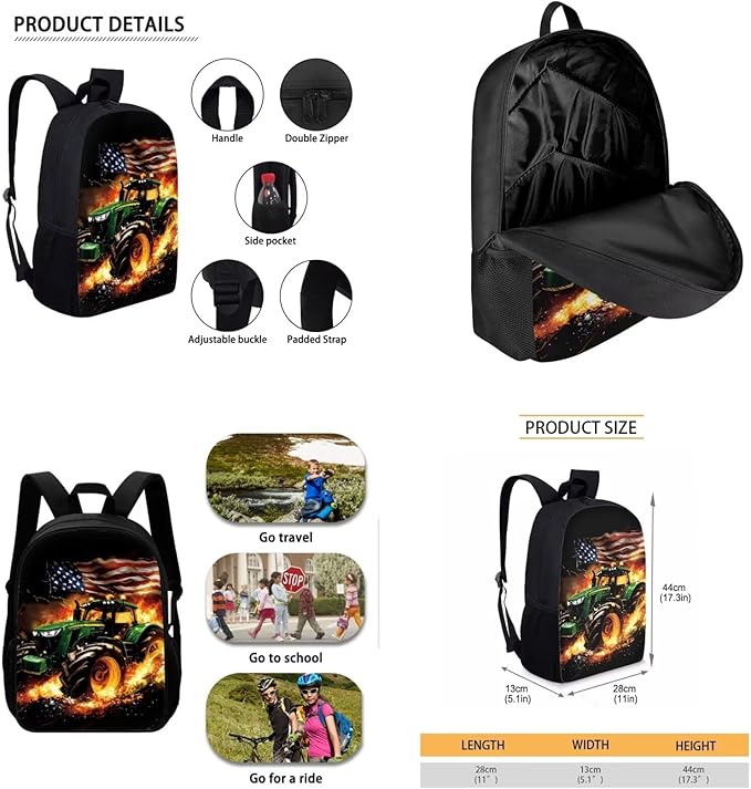 CLOHOMIN Fire Tractor Backpack and Lunchbox for Kids Boys American Flag School Bag Set of 3 with Lunch Bag Pencil Case Age 10-12 Elementary Book Bag and Lunch Tote for Girls 5th Grade