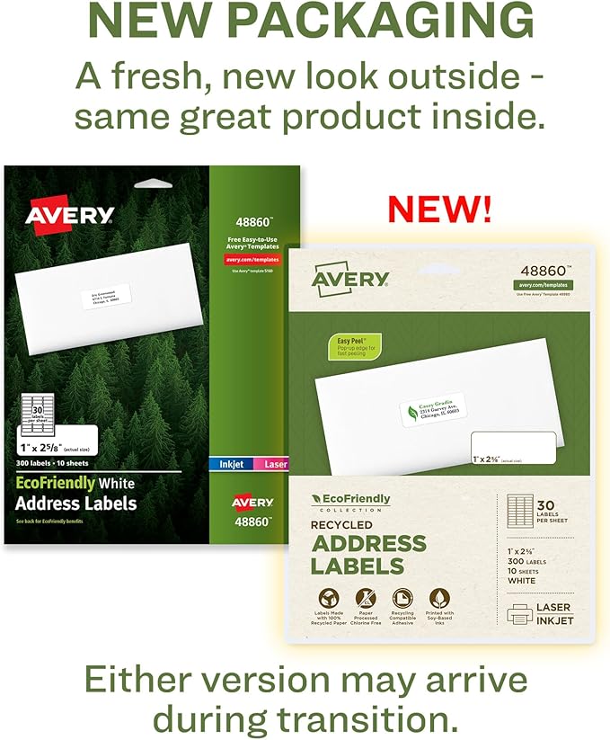 Avery EcoFriendly Recycled Address Labels, 1" x 2-5/8", White, Permanent Label Adhesive, 300 Printable Labels (48860) (Pack of 5)
