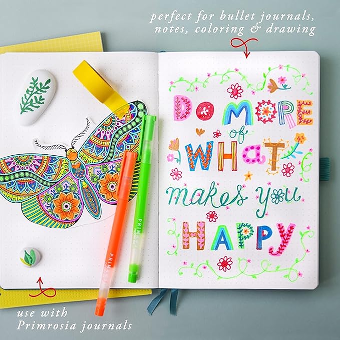 Primrosia 48 Gel Pens, inc. Metallic, Pastel, Glitter & Flourescent for Adult Coloring Book & Dot Grid Journal Pens. No-Bleed-Through in a Variety of Shades, 7.5x More Ink Fine Point Markers Set