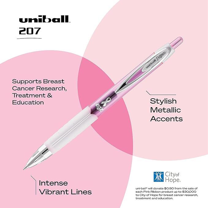 uniball 207 Pink Ribbon Retractable Gel Pens, Medium Point (0.7mm), Black, 36 Pack