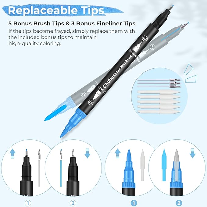 Ohuhu Markers for Adult Coloring Books: 120 Colors Brush Pens Dual Brush Fine Tip Drawing Pens Water-Based Coloring Markers for Calligraphy Bullet Journal with Carrying Case - Maui - Black
