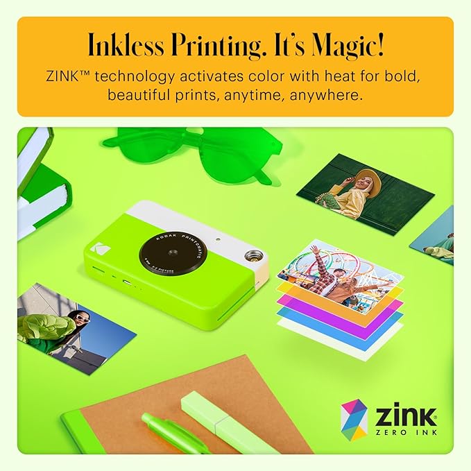 Kodak Printomatic Full-Color Instant Print Digital Camera - 75 Sheets Bundle - Prints On Zink 2x3 Sticky-Back Photo Paper - 5MP, Portable, Creative Fun Gift for Birthday, Christmas, Holiday - Green