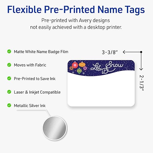 Avery Printable Christmas Adhesive Name Badges, Rectangle, 2-1/3" x 3-3/8", Pre-Printed Let It Snow Snowflakes Design, Matte White, Laser & Inkjet Compatible, 80 Total