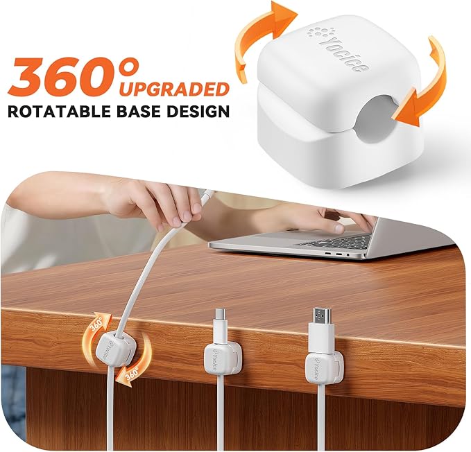 12Pack Rotatable Cord Organizer,Spring Cable Clips Desk Cable Management Cord Holder Adhesive Phone Charger Cord Clips for Home Office Car Wall Nightstand Accessories, White