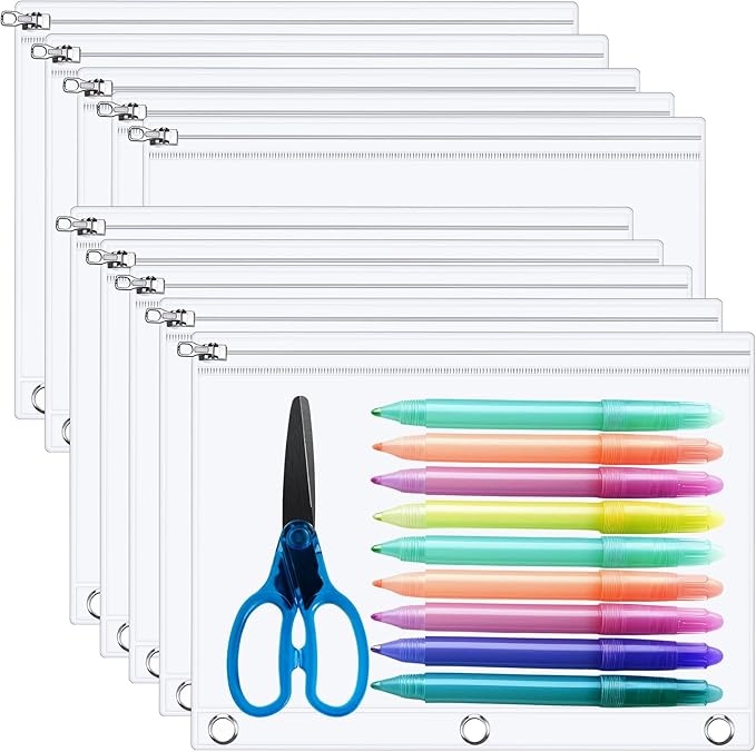 Lincia 10 Pack Clear Pencil Pouch for 3 Ring Binder Pencil Case with Zipper 3 Ring Binder Pocket Insert Bag 10 x 7'' Visible Cash Envelope with Re-enforced Grommet for Office (Clear)
