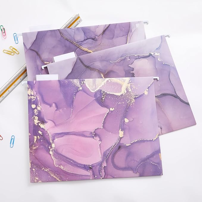 6 Packages Hanging folders File Cabinet Organizer Letter Size 1/5 Cut Adjustable Labels Decorate Home Office School Classroom, Purple Marble 9.3 "x 12.8"…