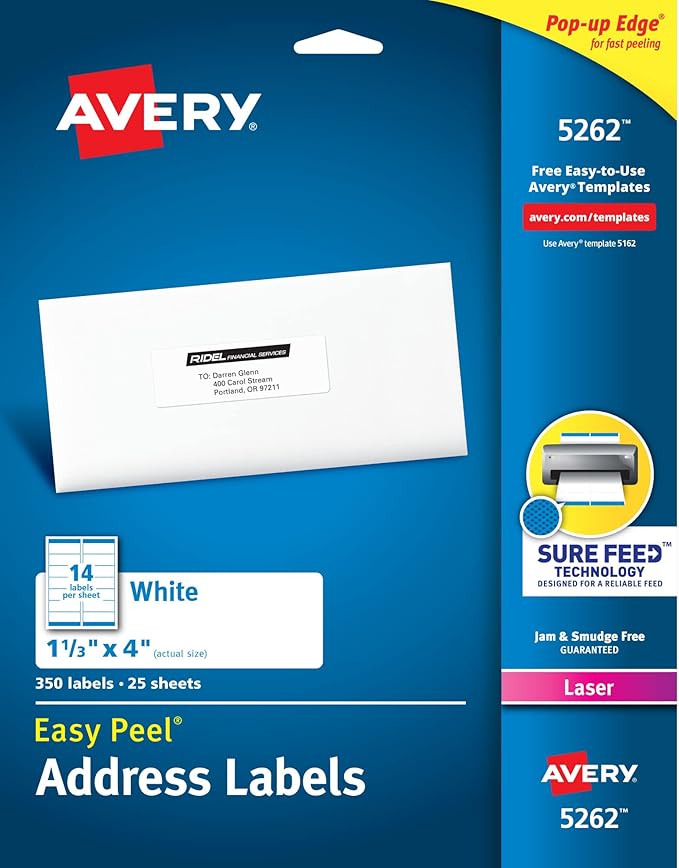 Avery Mailing Address Labels, Laser Printers, 350 Labels, 1-1/3 x 4, Permanent Adhesive, 5 Packs (5262)