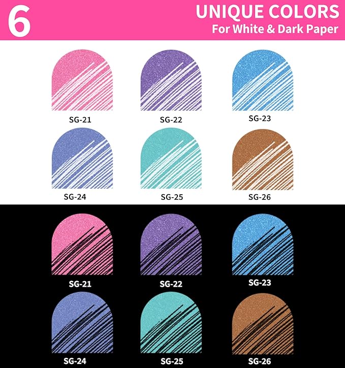 Glitter Gel Pens, 6 Pack Glitter Pens For Adults Coloring Books, 1.0mm Point Colored Pens, Large Capacity Ink Pens for Coloring, Writing, Drawing, Journaling, Note Taking, Office, Home