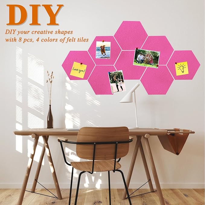 8 Pcs Hexagon Felt Cork Bulletin Board Tiles, Self Adhesive DIY Bulletin Board Pin Board for Office School Home Wall Decor Memos Photos Display(Rose Pink)