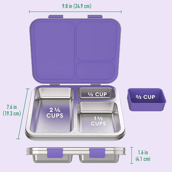 Bentgo Kids Stainless Steel Leak-Resistant Lunch Box - 3-Compartments with Bonus Silicone Container, Durable, Eco-Friendly, Dishwasher Safe, BPA-Free, Ideal for School, Ages 3+ (Purple)