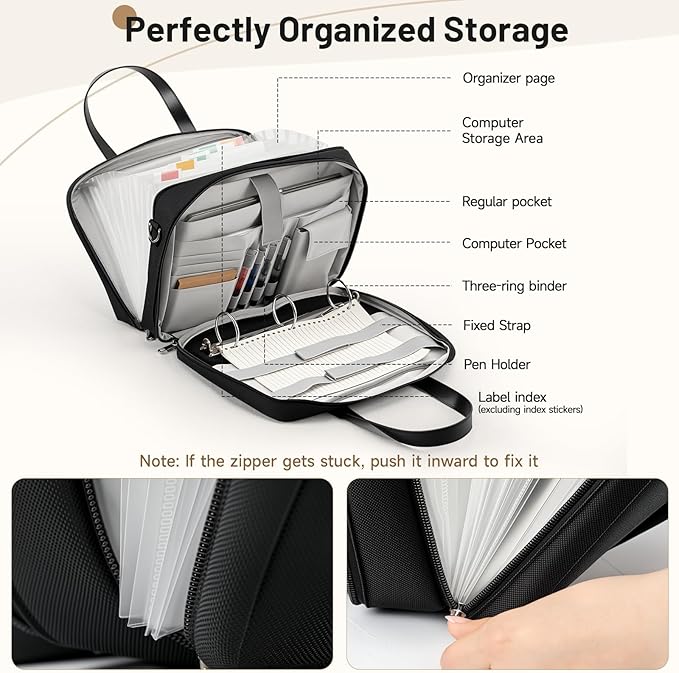 3 Ring Binder with Zipper Fits 500 Sheets, 2 Inch Zipper Binder 3 Ring with Shoulder Strap, Binders Organizer Bag with 16" Laptop Compartment for School and Office