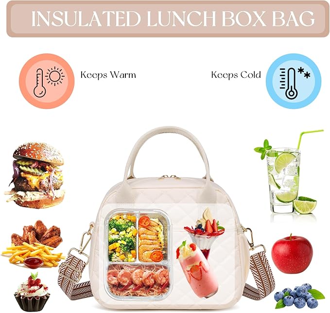 CAMTOP Lunch Box for Women Men Insulated Lunch Bag Lunch Tote Bag Leakproof Thermal Cooler Large Capacity for Travel Work School Picnic (Shoulder-Beige)